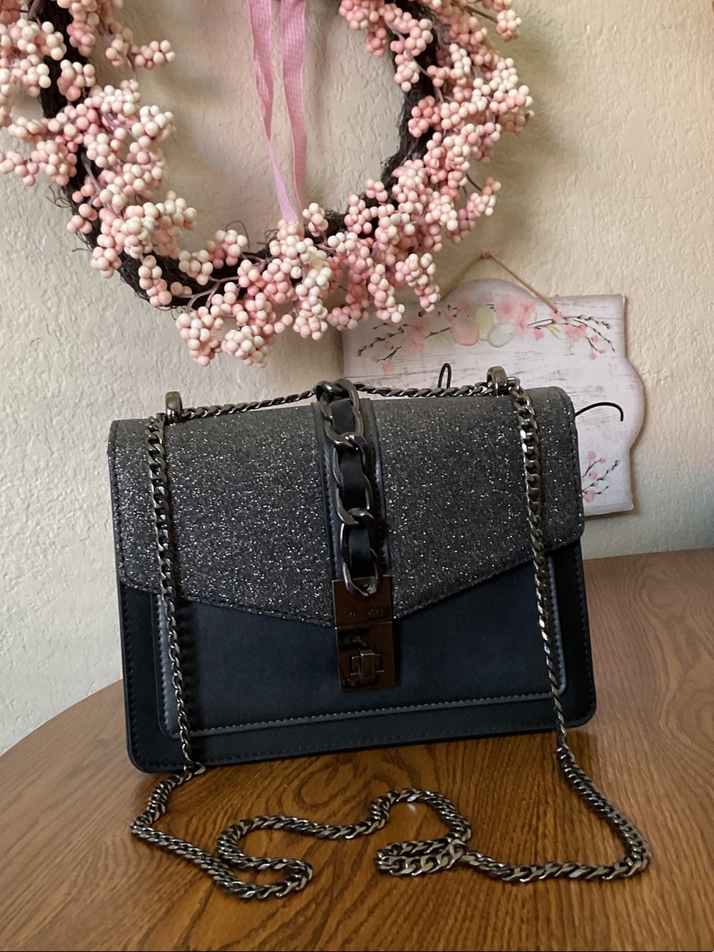 Aldo Black Glitter Accent Chain Crossbody Bag